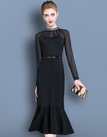 新款气质欧美a字裙复古打底小礼服裙赫本小黑裙鱼尾女