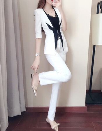 白色西装套装女2018韩版春夏季五分袖时尚气质职业西服两件套 白色中