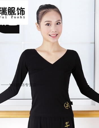 红舞鞋舞蹈练功服长袖上衣纯棉交叉v领t恤上衣女儿童广场舞服 黑色18