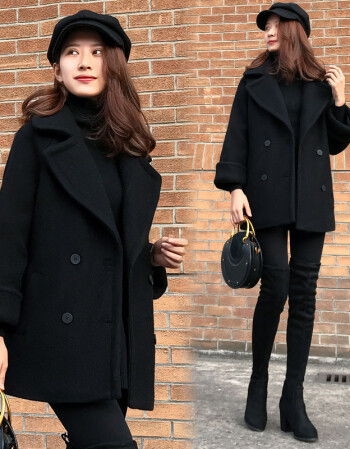 2018春装新款韩版中长款宽松茧型黑色马海毛呢子大衣小个子外套女