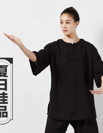 短袖太极服女棉麻七分袖太极拳服装武术练功表演服中袖夏季 黑色 l