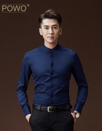 powo衬衫男长袖深蓝色立领男式衣服商务休闲韩版修身衬衣新款帅气 深