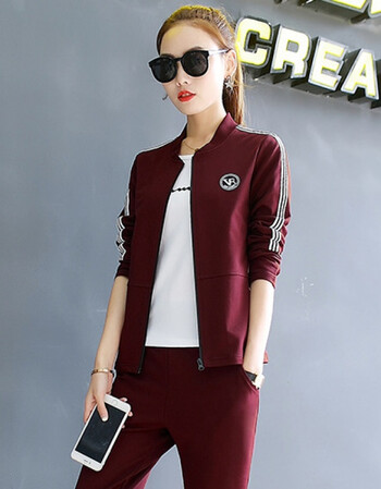 运动服套装女春秋装2018新款潮韩版宽松跑步三件套卫衣休闲套装 酒