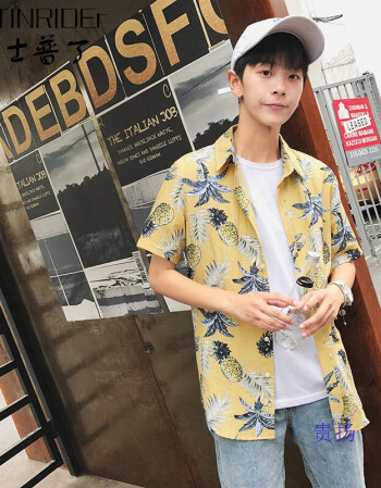 2017港风夏季新款短袖衬衫东南亚风情菠萝印花棉麻短袖衬衫男学生