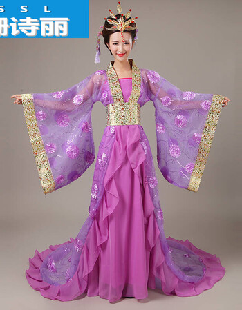 唐装古代女式服装演出服汉服女公主舞蹈服装sn9377红色 头饰套餐 紫色