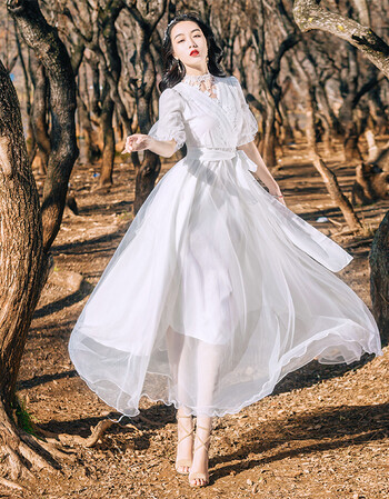 夏季新蕾丝刺绣网纱连衣裙少女心仙女裙海边度假沙滩长裙超仙 白色 m