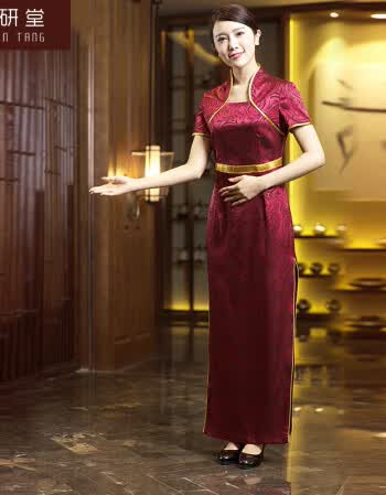 酒店迎宾服装礼仪旗袍短袖 中餐宾馆前台接待工作服修身春夏装女 红色