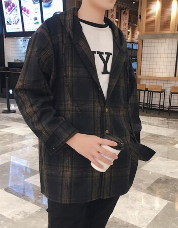 汤米伍德 春季男士宽松连帽衬衫韩版潮流格子衬衣帅气学生外套 黑色 l