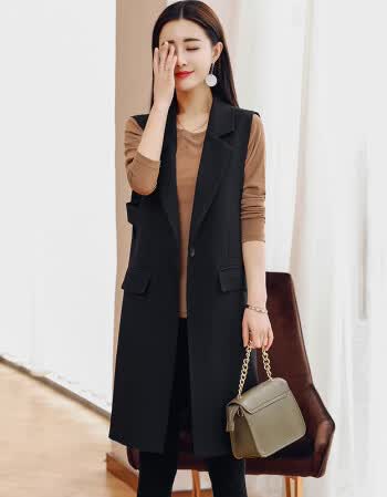 春季新款女装韩版中长款纯色无袖马夹修身显瘦气质风衣马甲潮 黑色 xl
