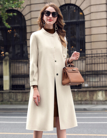 季新款轻奢时髦女装气质双面羊绒外套中长款羊毛呢子大衣外套 米白色