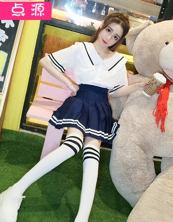 学生校服套装2018夏装新款海军风拼色短袖上衣 高腰百褶短裙时尚日系