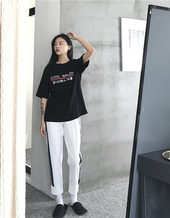 夏装韩版新款女装社会女衣服套装短袖字母印花t恤 侧条纹休闲运动高腰