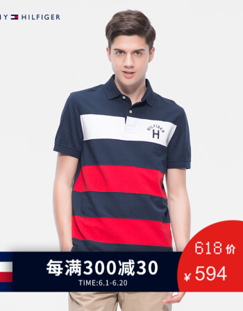 tommyhilfiger 男装网眼珠地布短袖polo衫-c8878a7678ns 藏青红白条纹