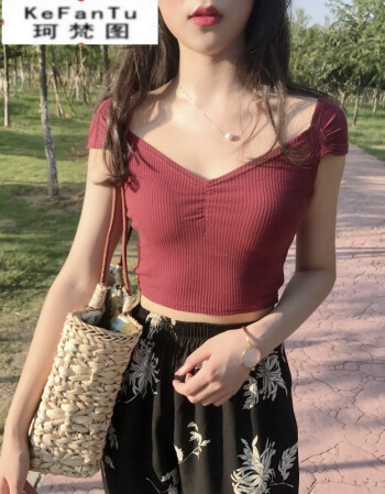 珂梵图显瘦高腰短袖t恤女显胸大的女生衣服露肚脐韩版