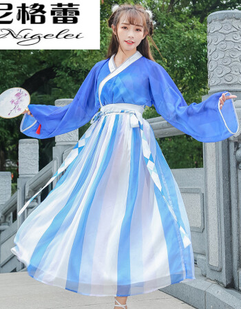 套装女改良中风古装印花交领夏装学生古装日常清新仙女 蓝色两件套 s