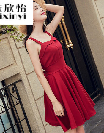 2018夏新款红裙无袖复古收腰雪纺百褶吊带连衣裙文艺范小清新 酒红色