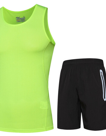 紧身衣背心 健身房速干跑步服装训练服运动套装 3051 368绿色(口袋款)