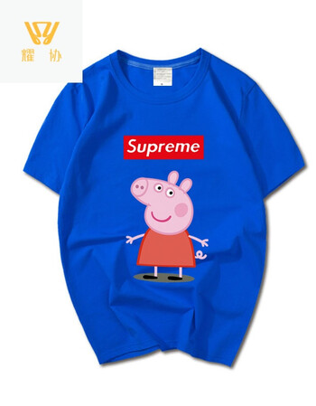 社会人同款小猪佩奇短袖t恤男潮牌superme卡通情侣衣服夏 蓝色小猪