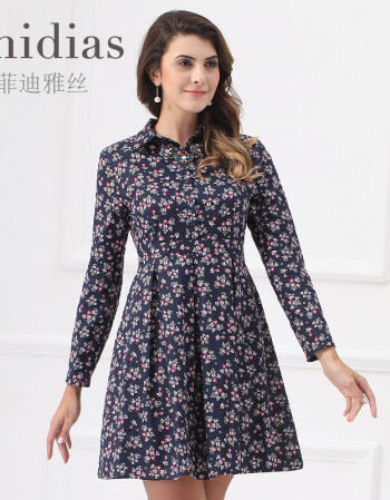 菲迪雅丝高端女装2016春季新款碎花长袖连衣裙翻领衬衫裙全棉大码 t2
