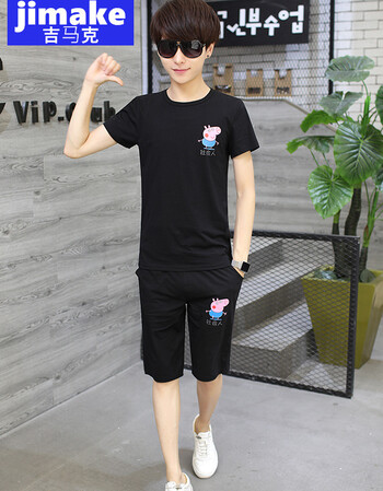 吉马克夏季12-13-14岁小男孩小猪佩奇t恤社会人短袖t恤套装男生学生