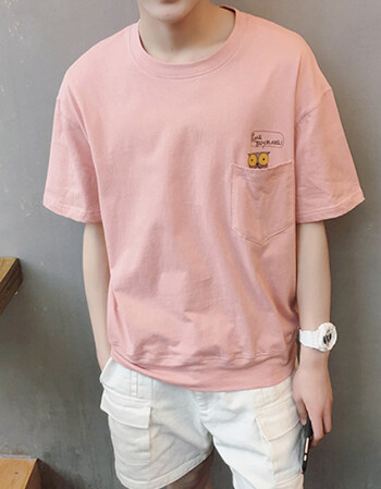 粉色t恤男生短袖宽松圆领潮流夏季大码韩版学生男士衣服纯色简约 粉色