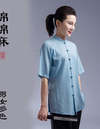 【低领】太极服夏季男女中国风薄棉麻陈英太极拳武术短袖练功服装