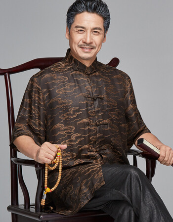 香云纱唐装男中老年人爸爸装真丝短袖爷爷夏装生日衣服桑蚕丝男装