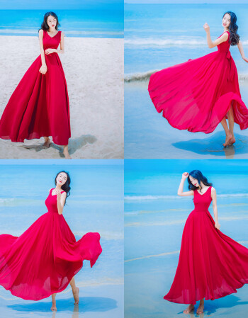 时尚马尔代夫沙滩裙巴厘岛亚度假旅游拍照仙气飘逸大摆红色海滩长裙