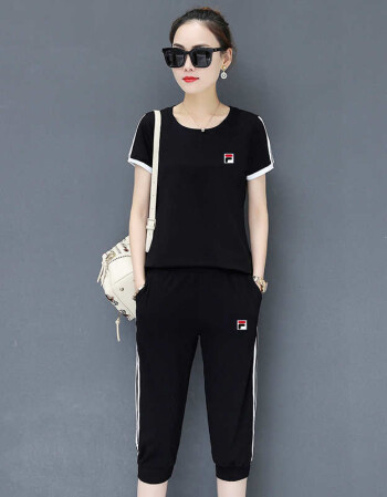 夏季裴乐运动套装短袖七分裤两件套圆领韩版女士时尚运动服潮 黑色