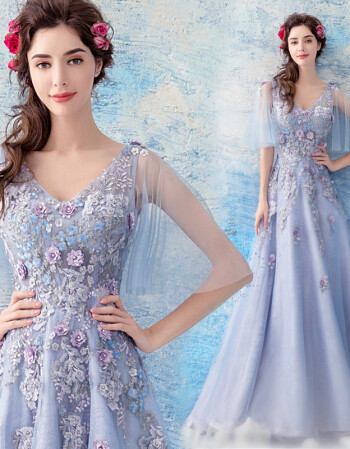 雅致冰蓝色新娘婚纱敬酒服生日晚宴年会演出礼服t简约