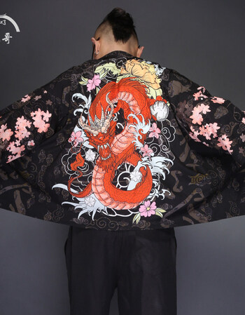 风汉服唐装印花日系道袍和服男日式披风鲤鱼浮世绘外套大码潮品质男装