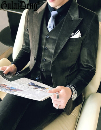 古莱登 绅士高端男士小西装三件套复古奢华灯芯绒修身