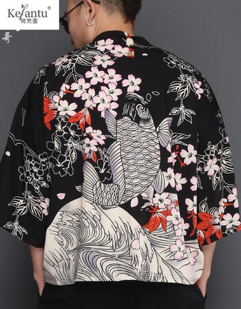 珂梵图中国风汉服唐装印花日系道袍和服男日式披风鲤鱼浮世绘外套大码