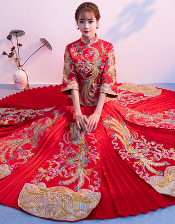 涵纱漫舞夏季秀禾服新娘2018新款中式婚纱结婚礼服敬酒服百褶裙加钻婚