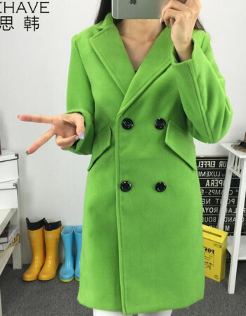 潮流百搭新款女装韩版女中长款西装领大衣呢子毛呢外套女风衣 浅绿色
