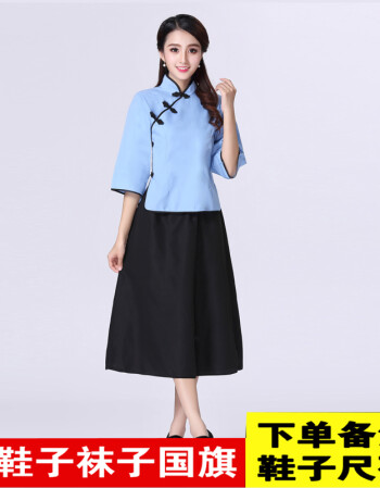 成人民国学生装民国风演出服中学生大学生话剧朗诵服装女 蓝色棉布