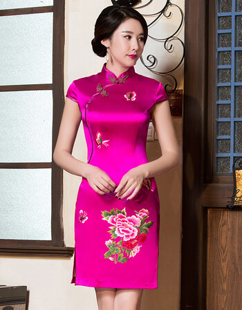 唯诗莱客真丝旗袍春夏改良日常桑蚕丝旗袍连衣裙短款女 玫红色 m