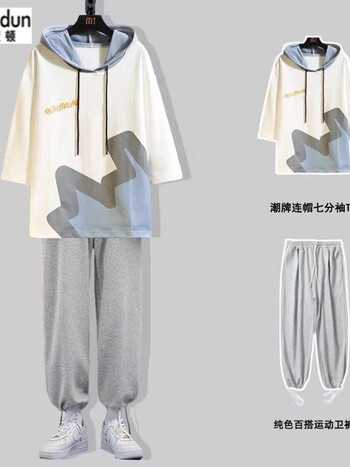 运动九分裤搭配一套衣服夏天青年时尚全套衣服a95白色七分袖灰色裤子l
