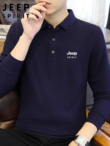  吉普（JEEP）长袖T恤男秋冬季男装翻领男打底衫纯色宽松上衣服 藏青色 XL 