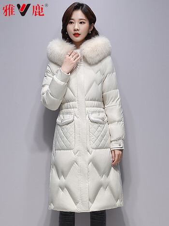 雅鹿羽绒服女中长款时尚保暖加厚狐狸毛领冬装外套米白xl