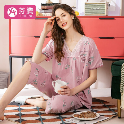 玫瑰印花蕾絲V領套頭時尚優雅女士睡衣家居服Q99826721200 豆沙紫 L