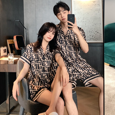 pinkdackeb 冰絲情侶睡衣女夏短袖時尚洋氣韓版家居服男薄款雙ff套裝 卡其色 女L碼(推薦110-130斤)