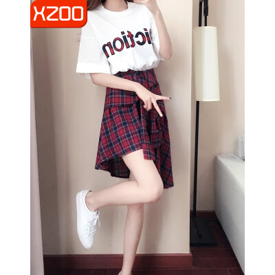 XZOO 夏季连衣裙2018新款韩版格子不规则套装裙长裙