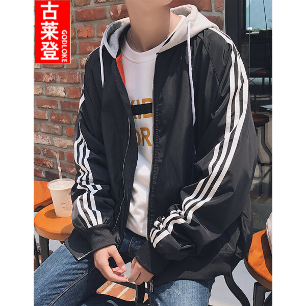 古萊登 港風大碼春秋款薄款休閑連帽夾克男外套帥氣韓版棒球服學生潮流百搭男bf寬松情侶夏衣服