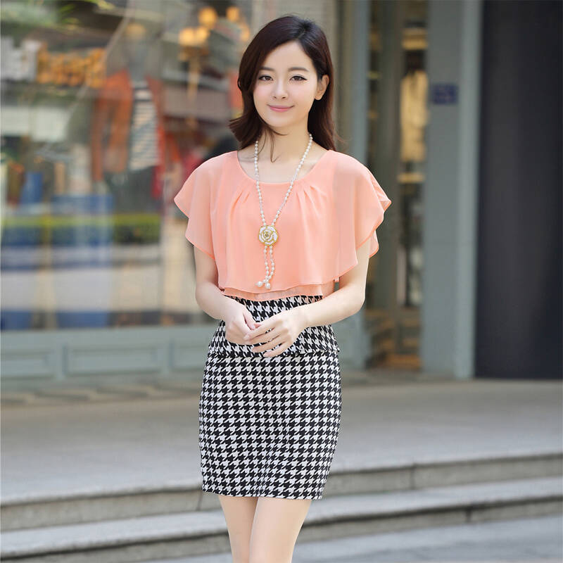 婀特依2014夏装新品短袖百褶格子包臀裙修身雪纺连衣裙女(送项链) ety