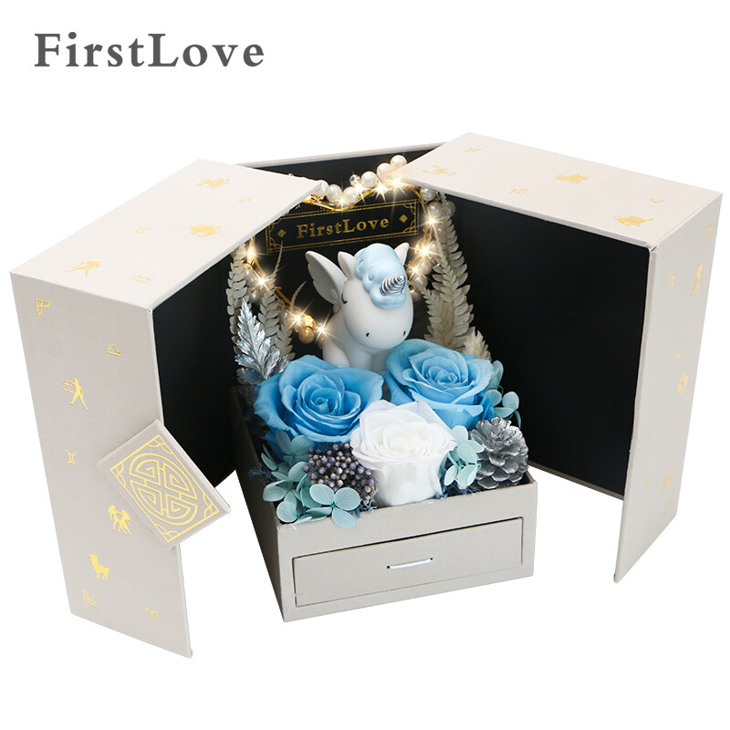 firstlove 独角兽蓝玫瑰永生花心形彩灯双开礼盒首饰盒 同城鲜花速递