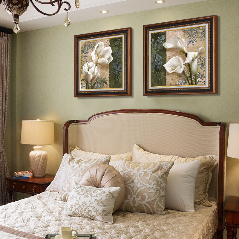 艺米 床头卧室装饰画欧式挂画美式壁画餐厅走廊二联有框画 古典红棕木框（复式装裱+高透有机玻璃） 60x60CM(适合1.5~1.8米宽床)