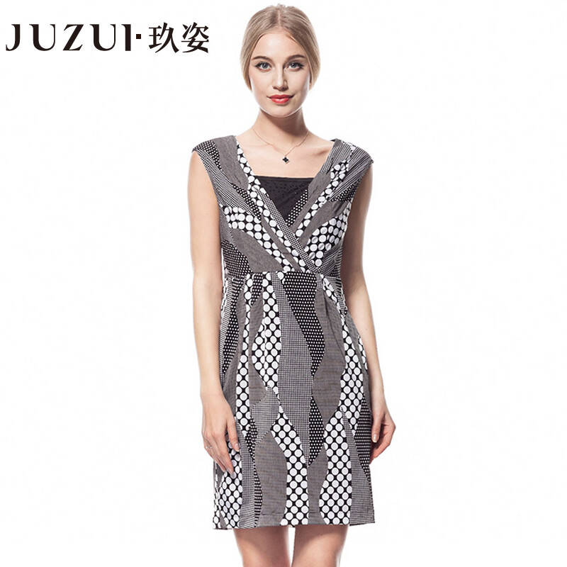 juzui玖姿女装 专柜正品2014夏装新款时尚修身无袖印花女连衣裙 图片