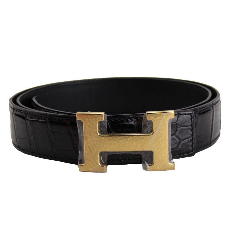 hermes 爱马仕黑色鳄鱼皮 金色压纹h扣头皮带腰带 p0010 100cm