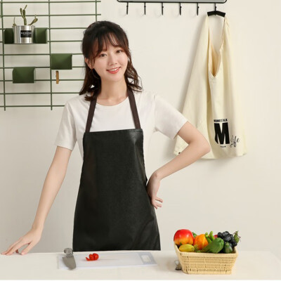 简约厨房做饭围裙防水防油污罩衣餐厅洗车场工作服成人男女通用长款 防水皮革围裙-肩带黑色 均码